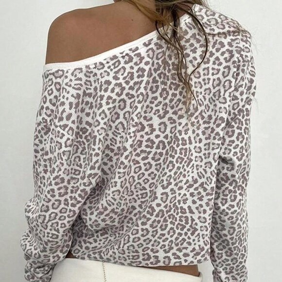 Multicolor Casual Women's Leopard Print Button-Up Long Sleeve T-Shirt - Picture 2 of 3